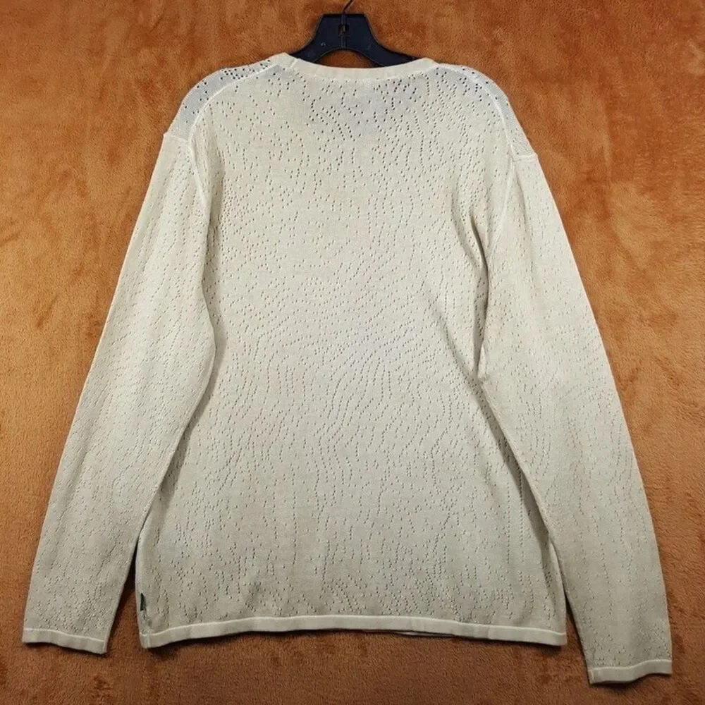 JOHN VARVATOS Mens Sweater Large Tan Pullover Crew CAMDEN Mesh Stitch Sheer $228